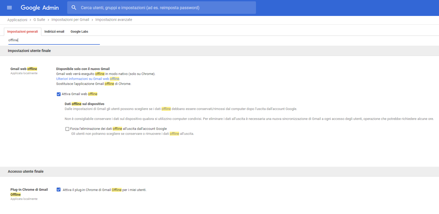 G Suite Administrator come attivare Gmail offline