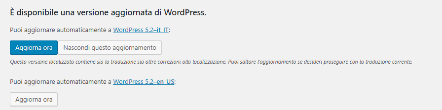 Aggiornamento Wordpress 5.2 disponibile